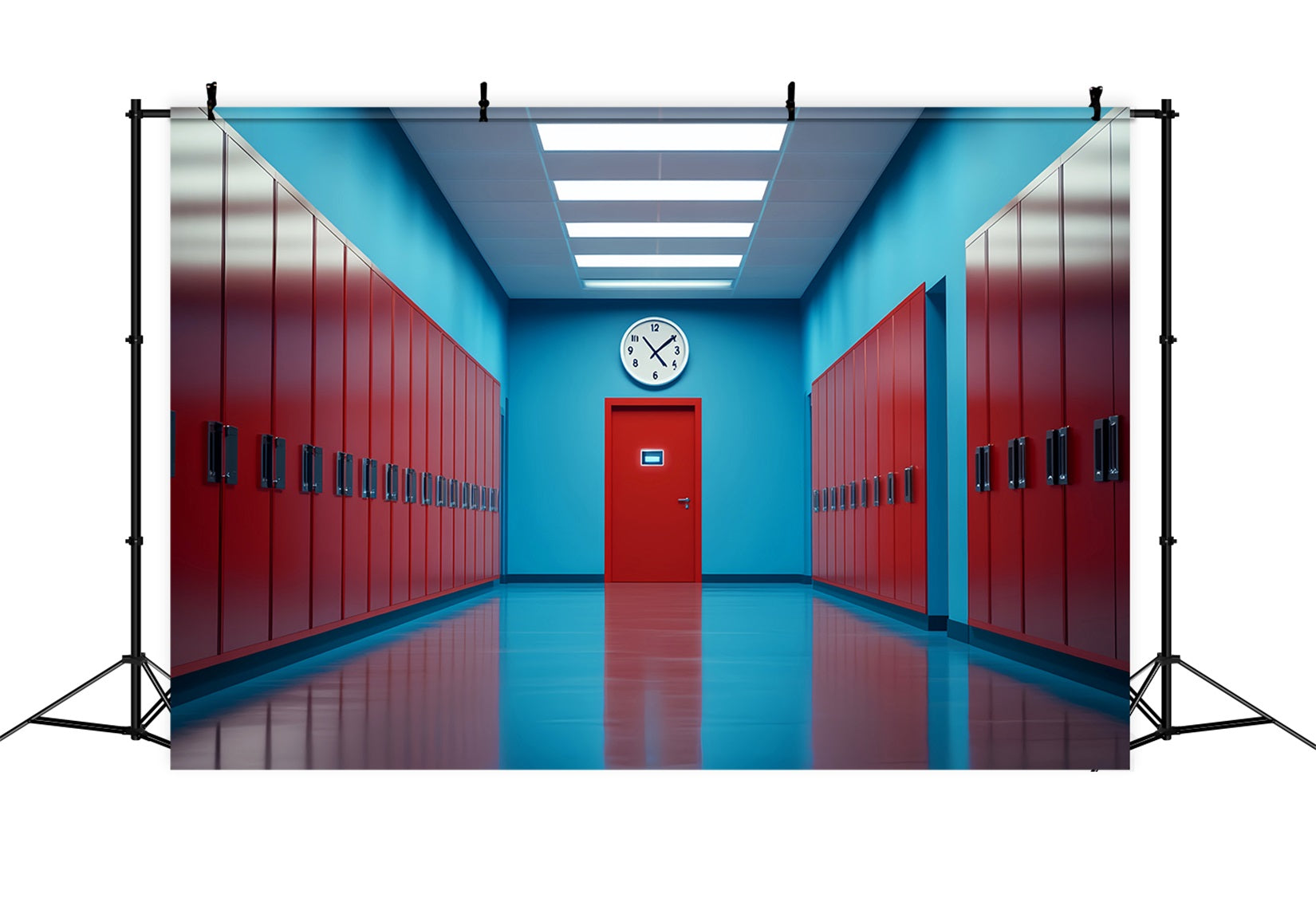 Toile de fond Retour à l'école Couloir Rouge Bleu Casiers Scolaires LXX59-236