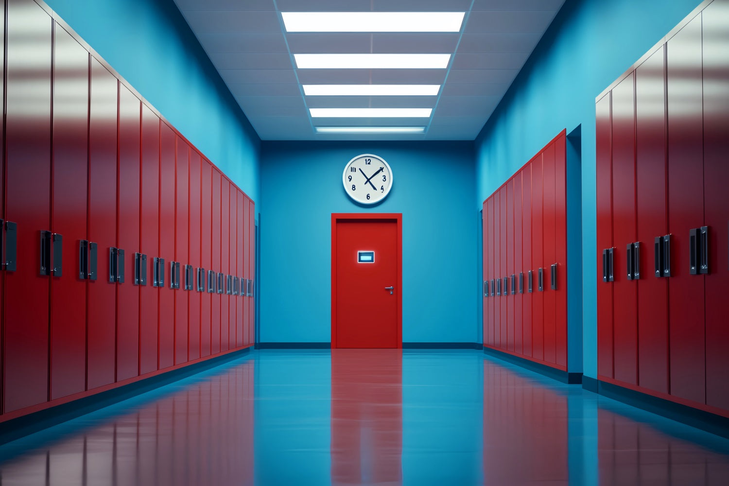 Toile de fond Retour à l'école Couloir Rouge Bleu Casiers Scolaires LXX59-236