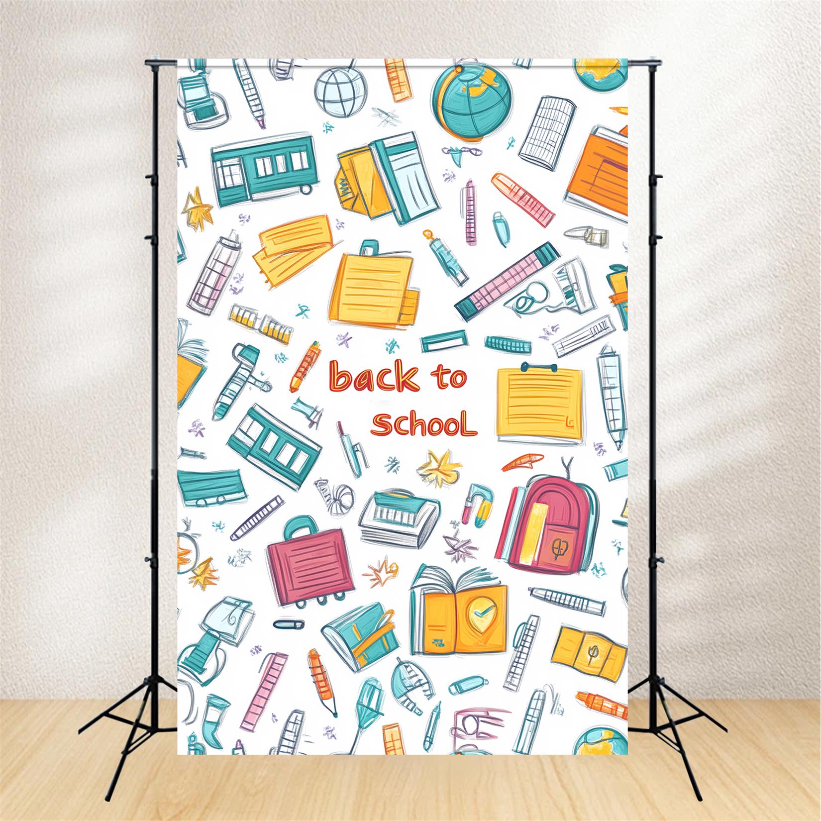 Toile de fond Retour à l'école Maternelle Dessins Colorés Fournitures Scolaires LXX59-245