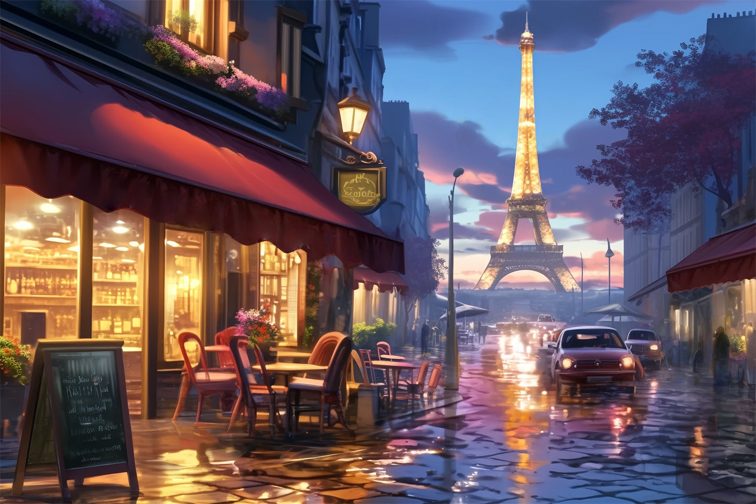 Toile de fond Paris Rue Café Lumières Nuit LXX59-31