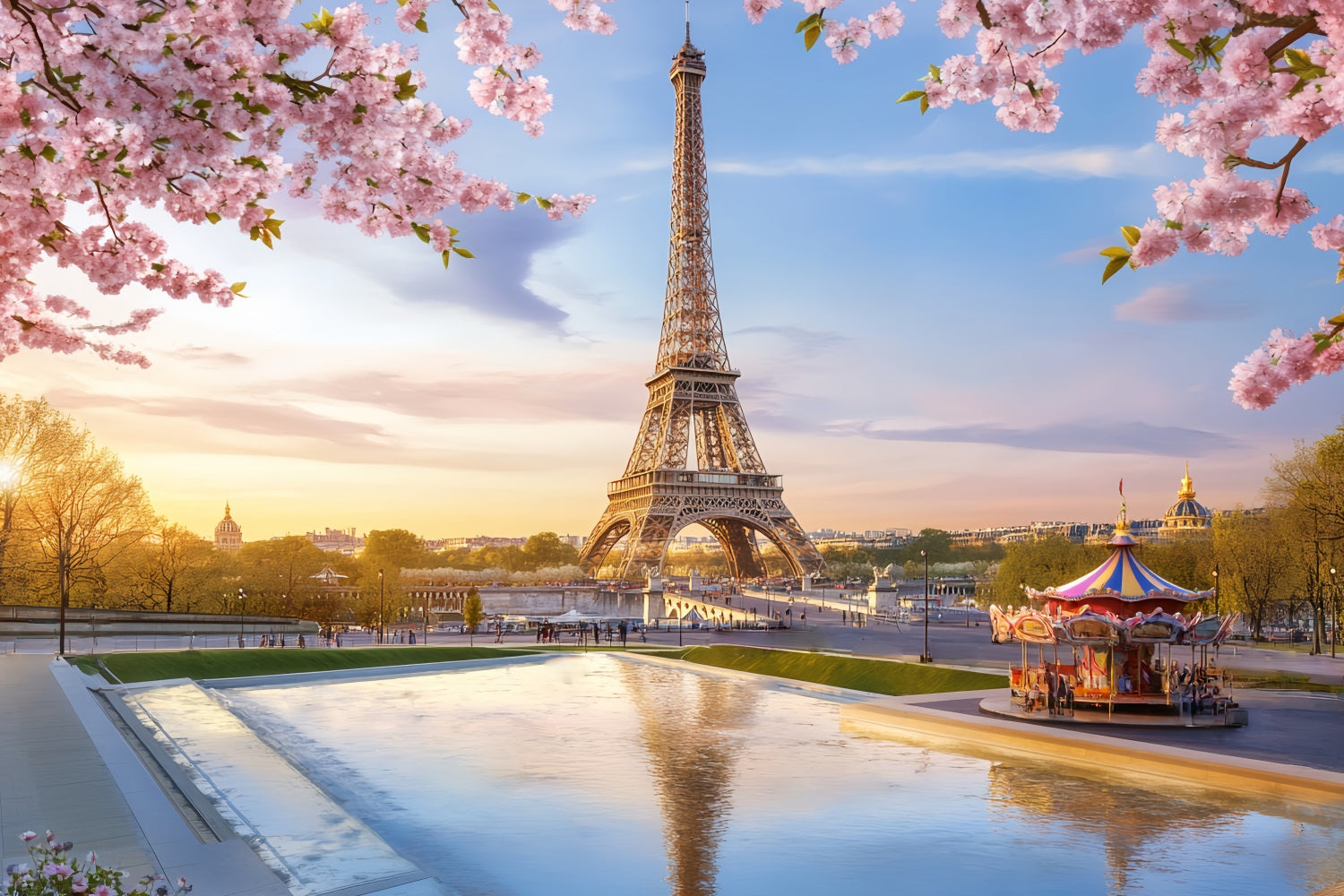 Toile de fond Paris Ville Française Tour Eiffel Carrousel Fleurs LXX59-33
