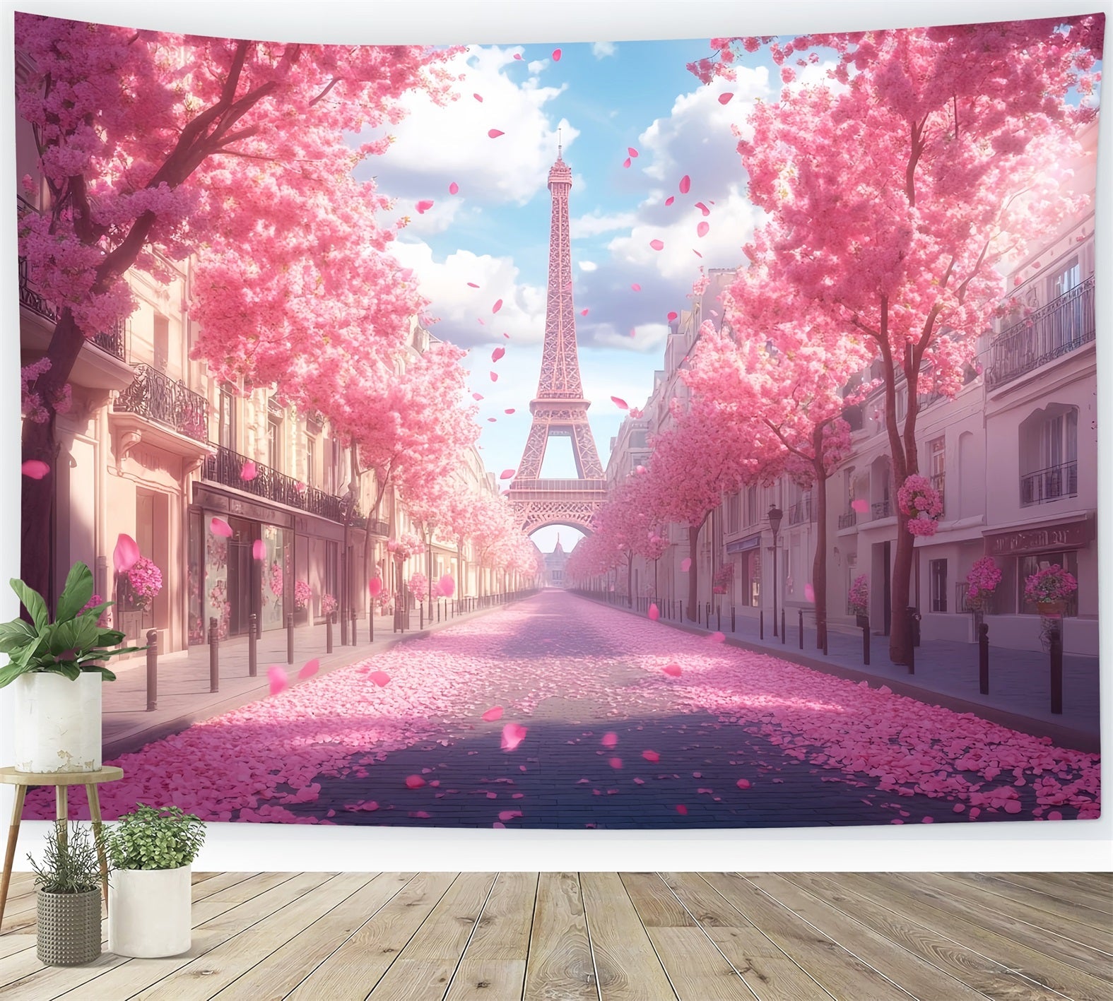 Toile de fond Paris Tour Eiffel Rue Cerisiers en Fleurs LXX59-41