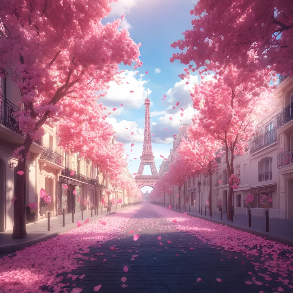 Toile de fond Paris Tour Eiffel Rue Cerisiers en Fleurs LXX59-41