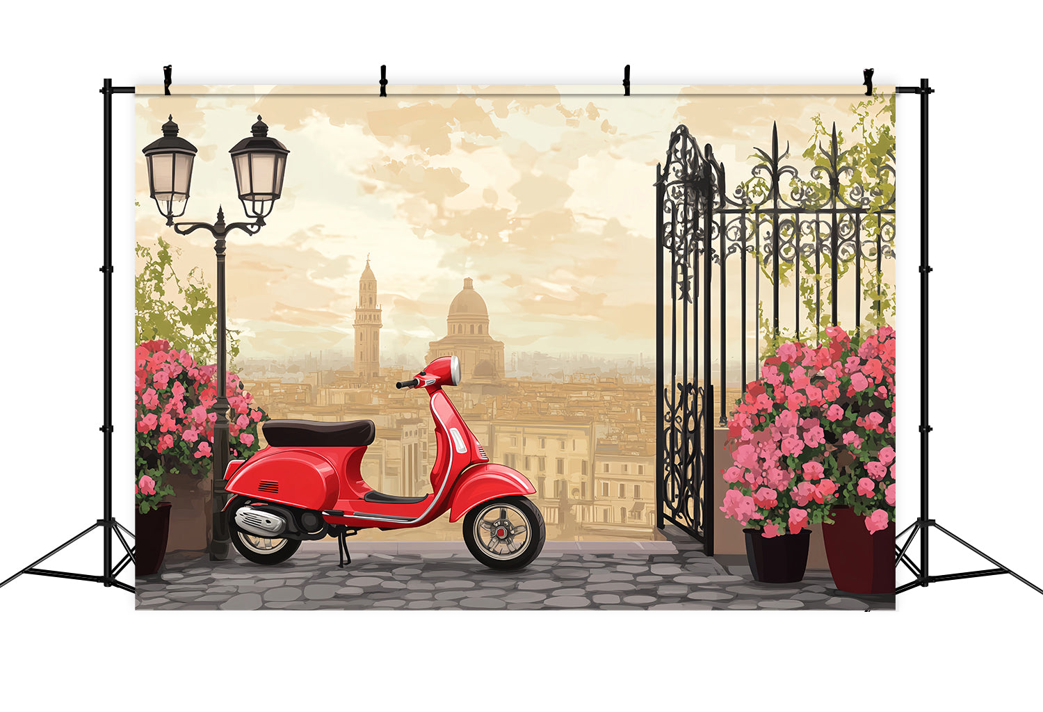 Toile de fond Paris Scooter Rouge Vintage Terrasse Citadine LXX59-43