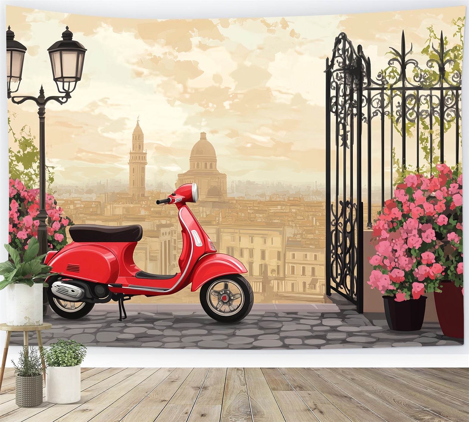 Toile de fond Paris Scooter Rouge Vintage Terrasse Citadine LXX59-43