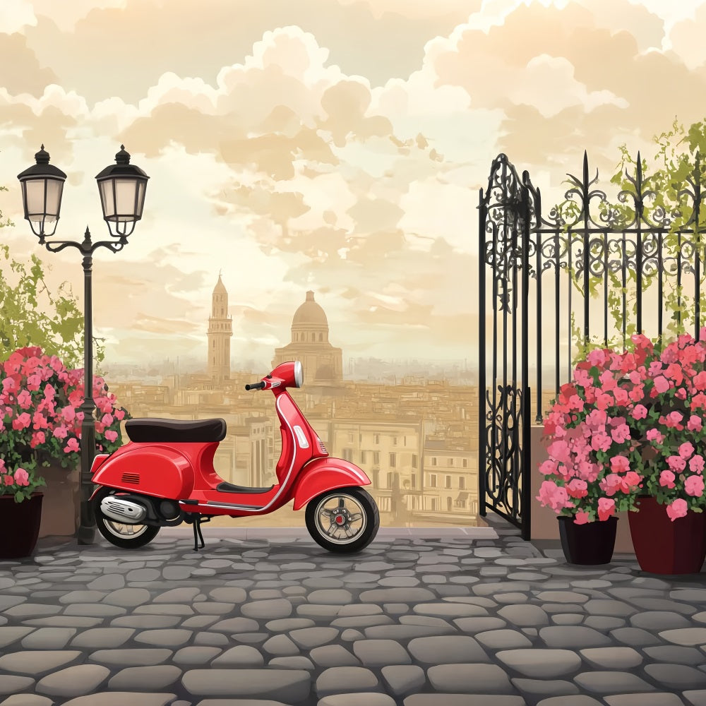 Toile de fond Paris Scooter Rouge Vintage Terrasse Citadine LXX59-43