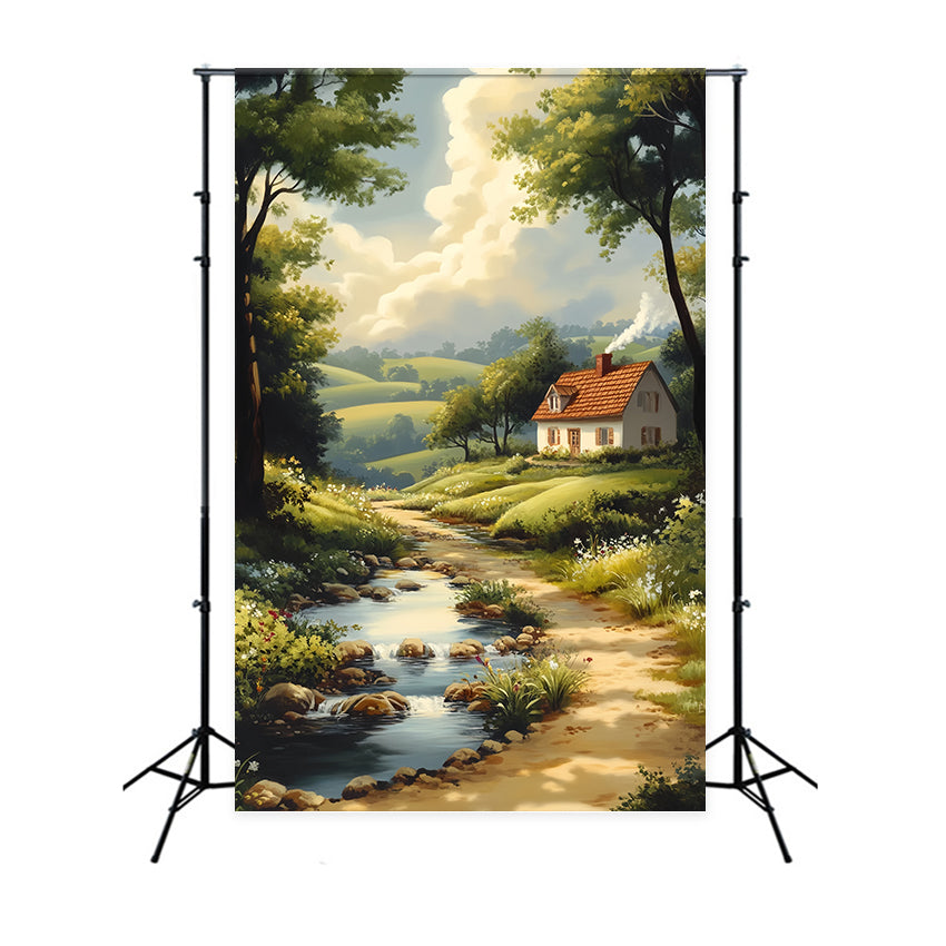 Toile de fond Paris Chalet Campagne Chemin Rivière LXX59-49