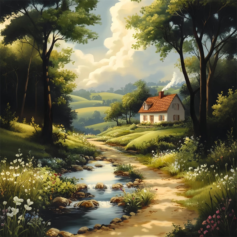 Toile de fond Paris Chalet Campagne Chemin Rivière LXX59-49