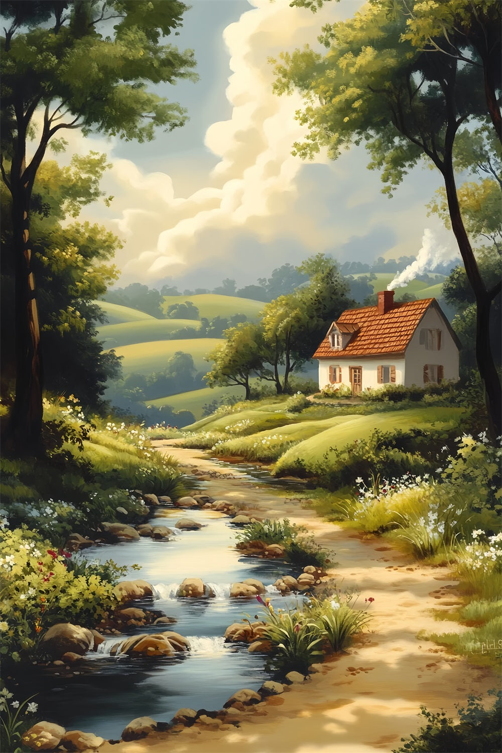 Toile de fond Paris Chalet Campagne Chemin Rivière LXX59-49