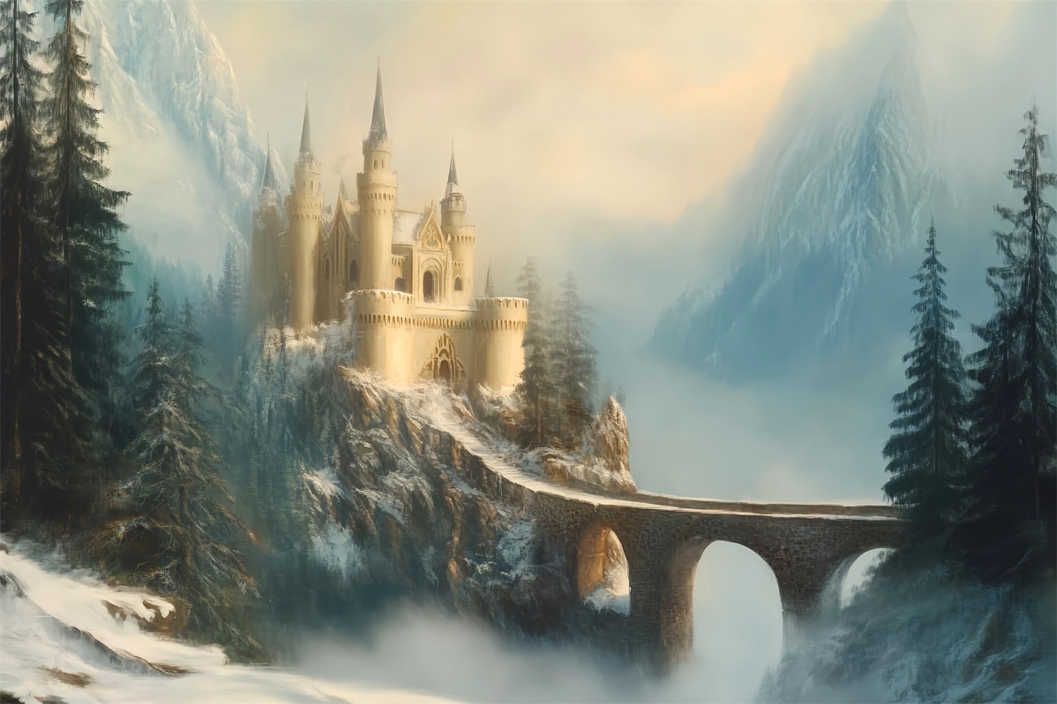 Toile de fond Paris Château Brumeux Pont Montagne LXX59-52