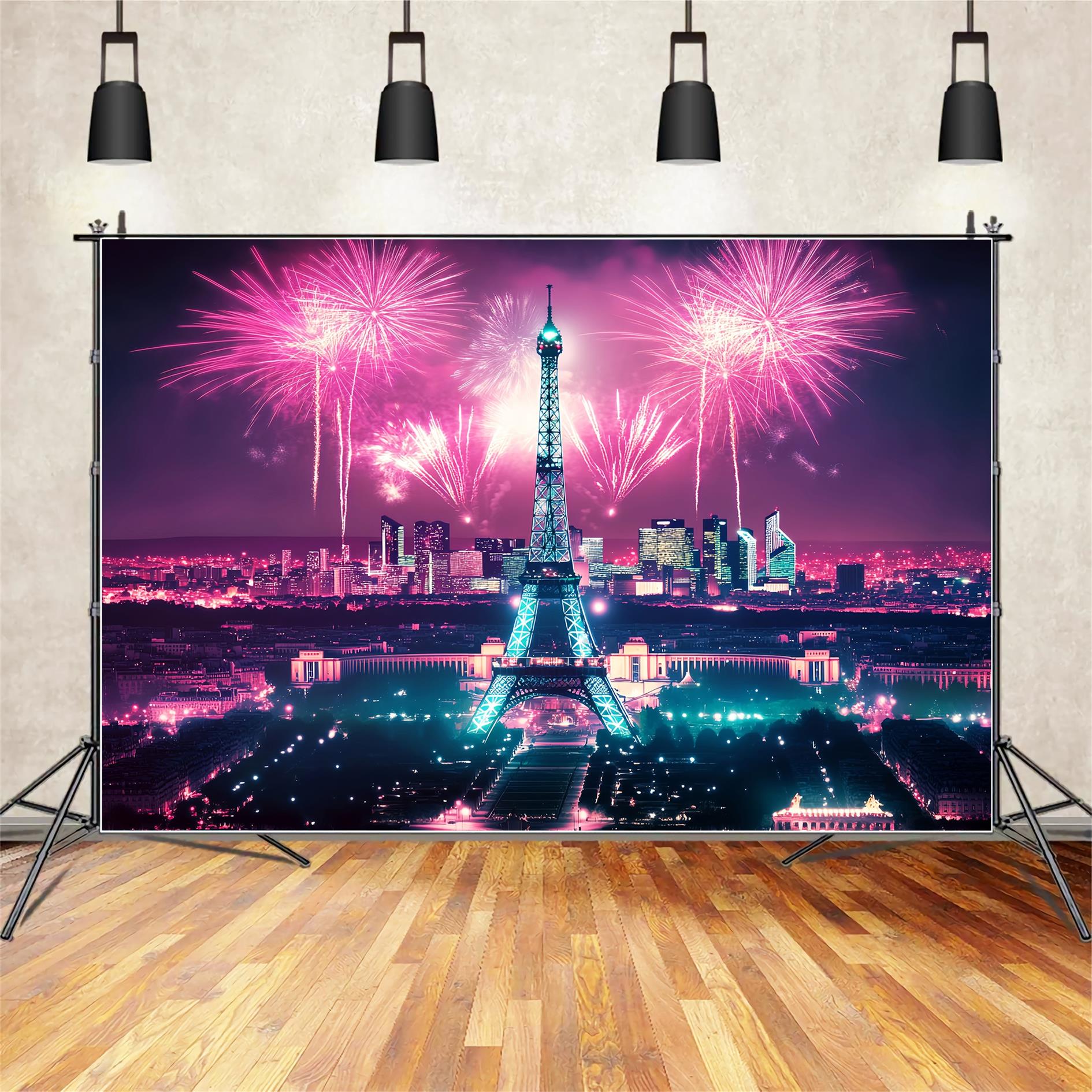 Toile de fond Paris Nuit Tour Eiffel Feu d’Artifice LXX59-58