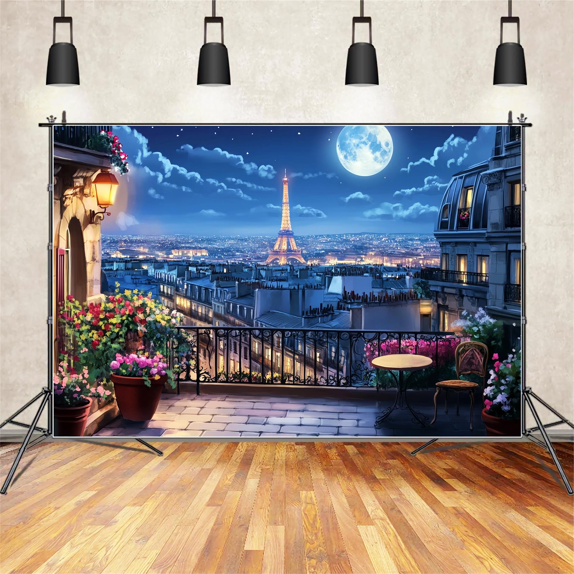 Toile de fond Paris Nuit Balcon Clair de Lune Tour Eiffel LXX59-59