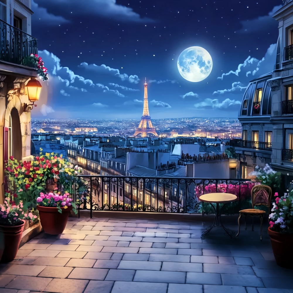 Toile de fond Paris Nuit Balcon Clair de Lune Tour Eiffel LXX59-59