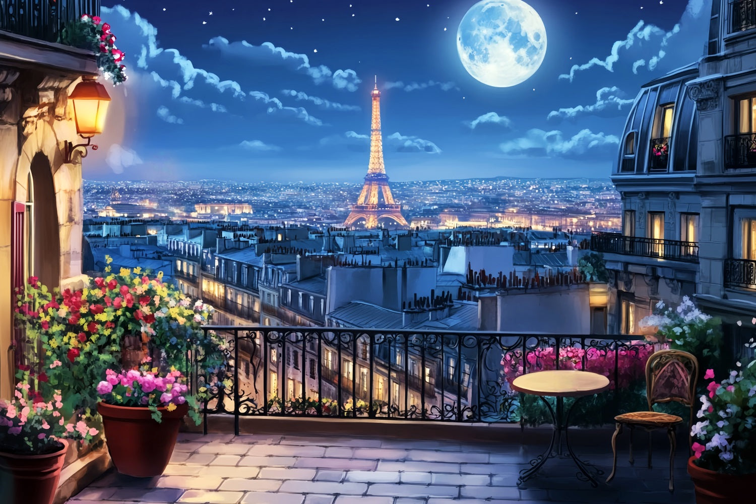 Toile de fond Paris Nuit Balcon Clair de Lune Tour Eiffel LXX59-59