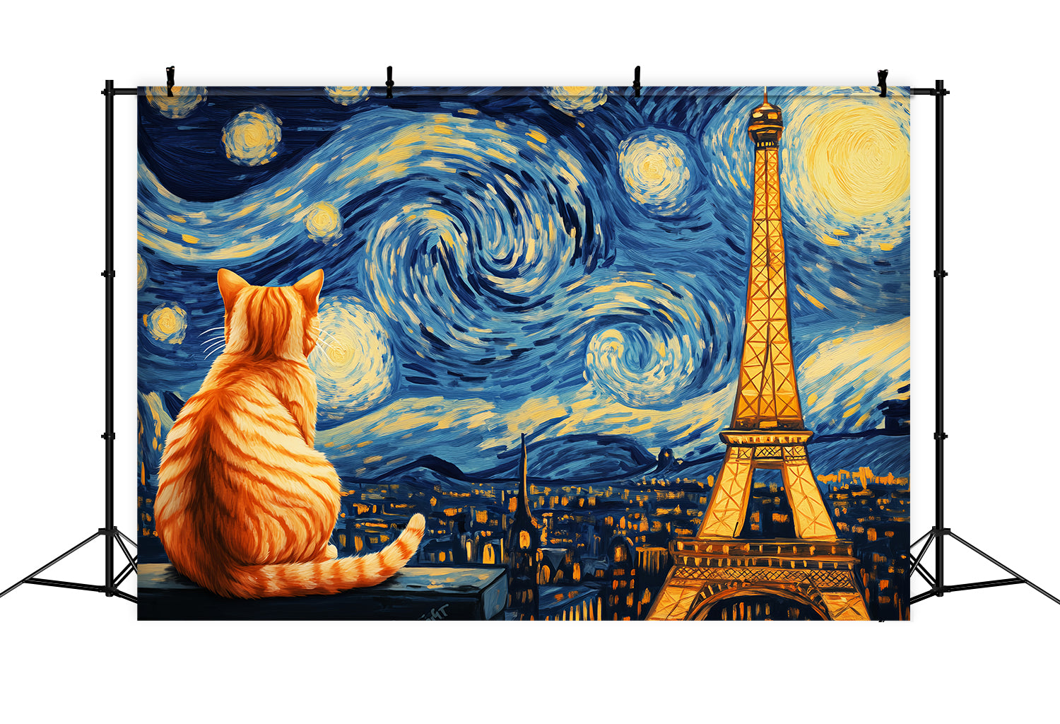 Toile de fond Paris Nuit Étoilée Chat Vue Tour Eiffel LXX59-61