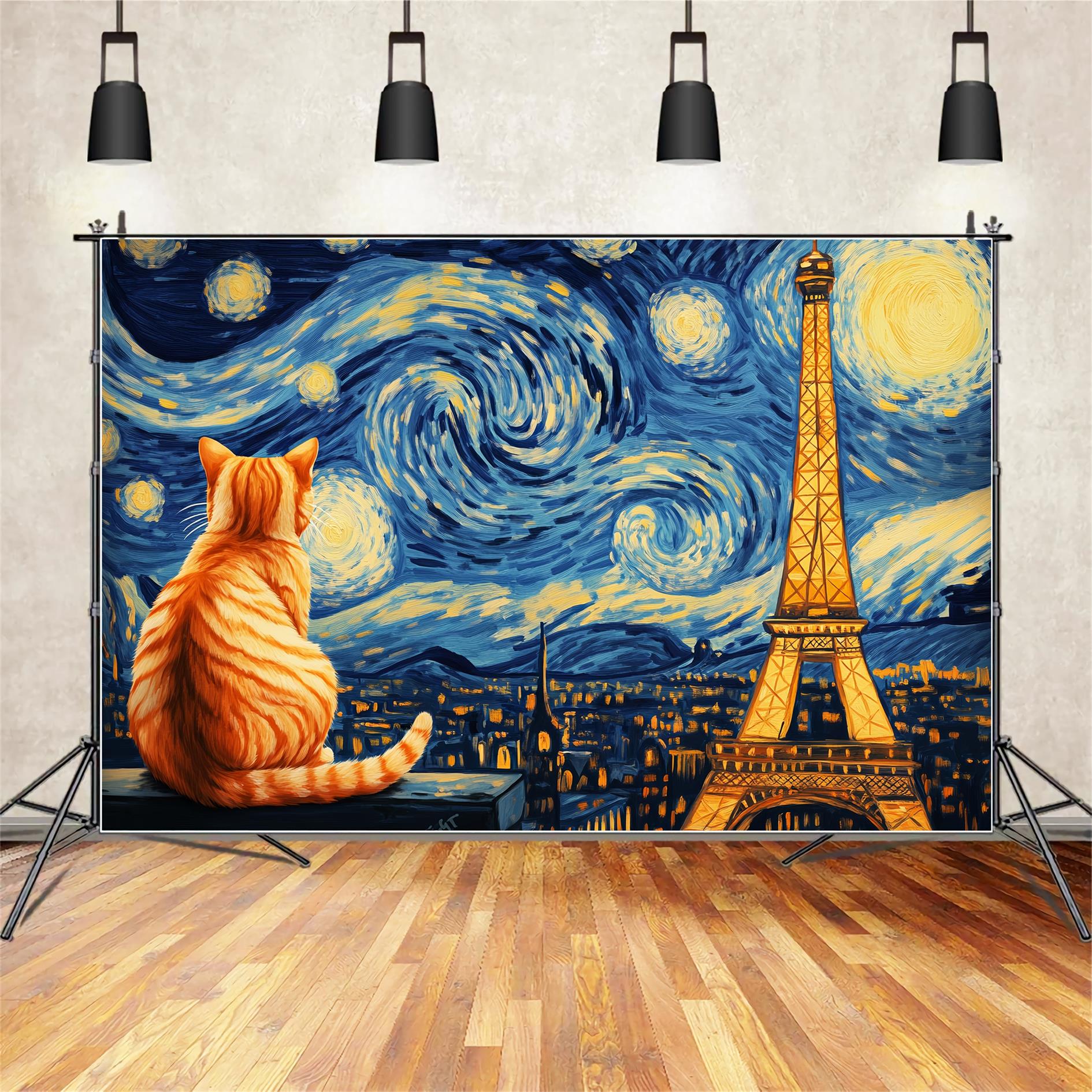 Toile de fond Paris Nuit Étoilée Chat Vue Tour Eiffel LXX59-61