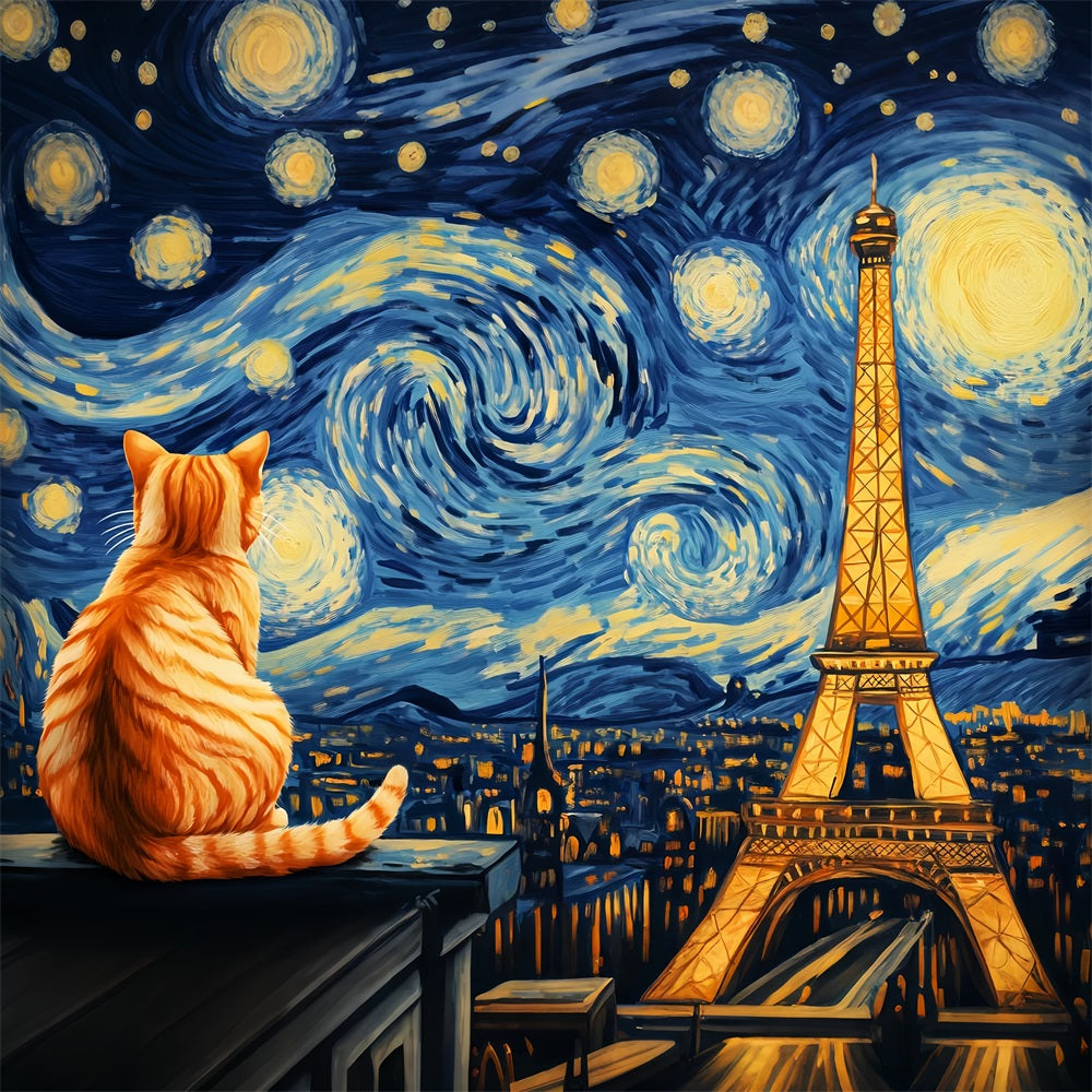 Toile de fond Paris Nuit Étoilée Chat Vue Tour Eiffel LXX59-61