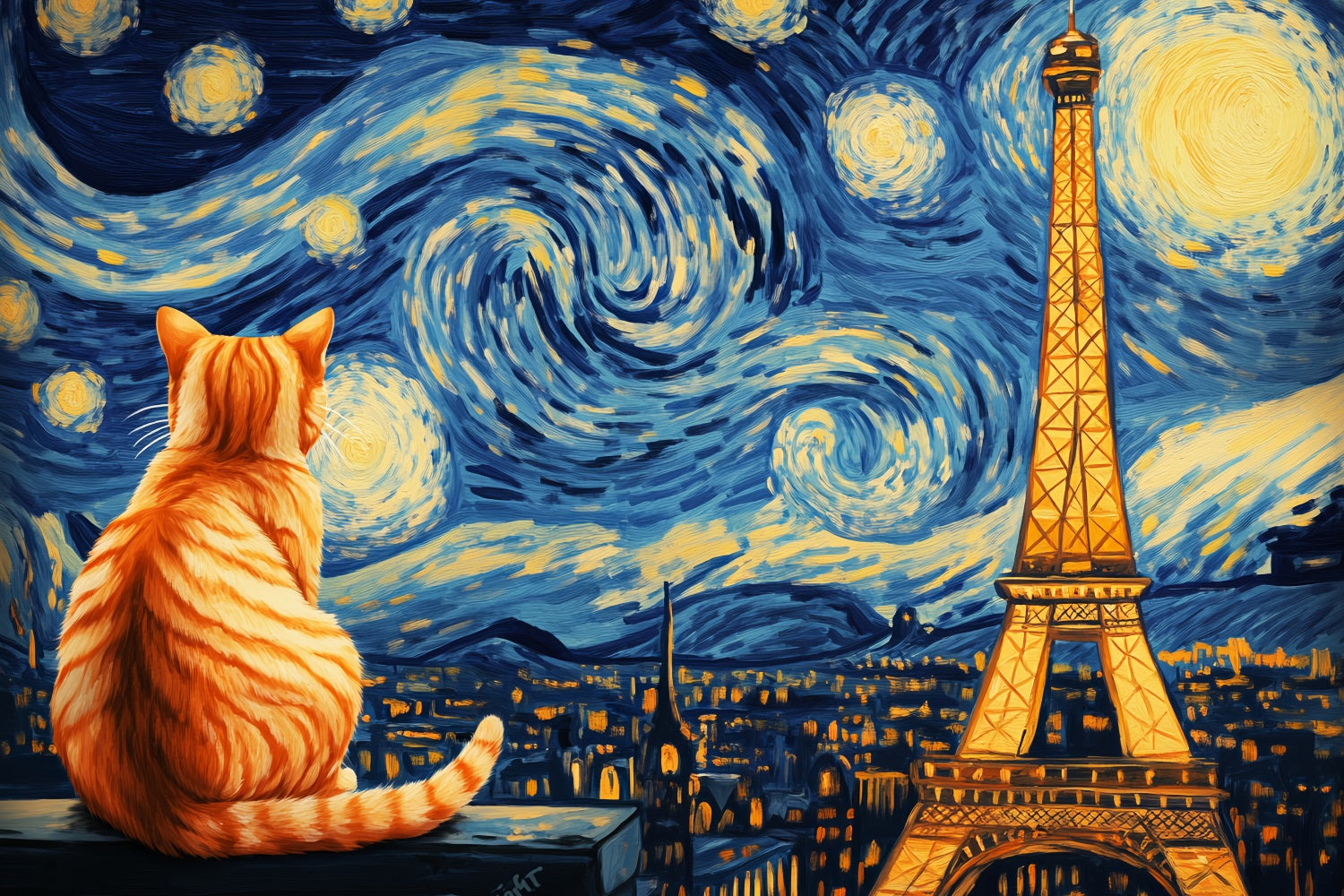 Toile de fond Paris Nuit Étoilée Chat Vue Tour Eiffel LXX59-61
