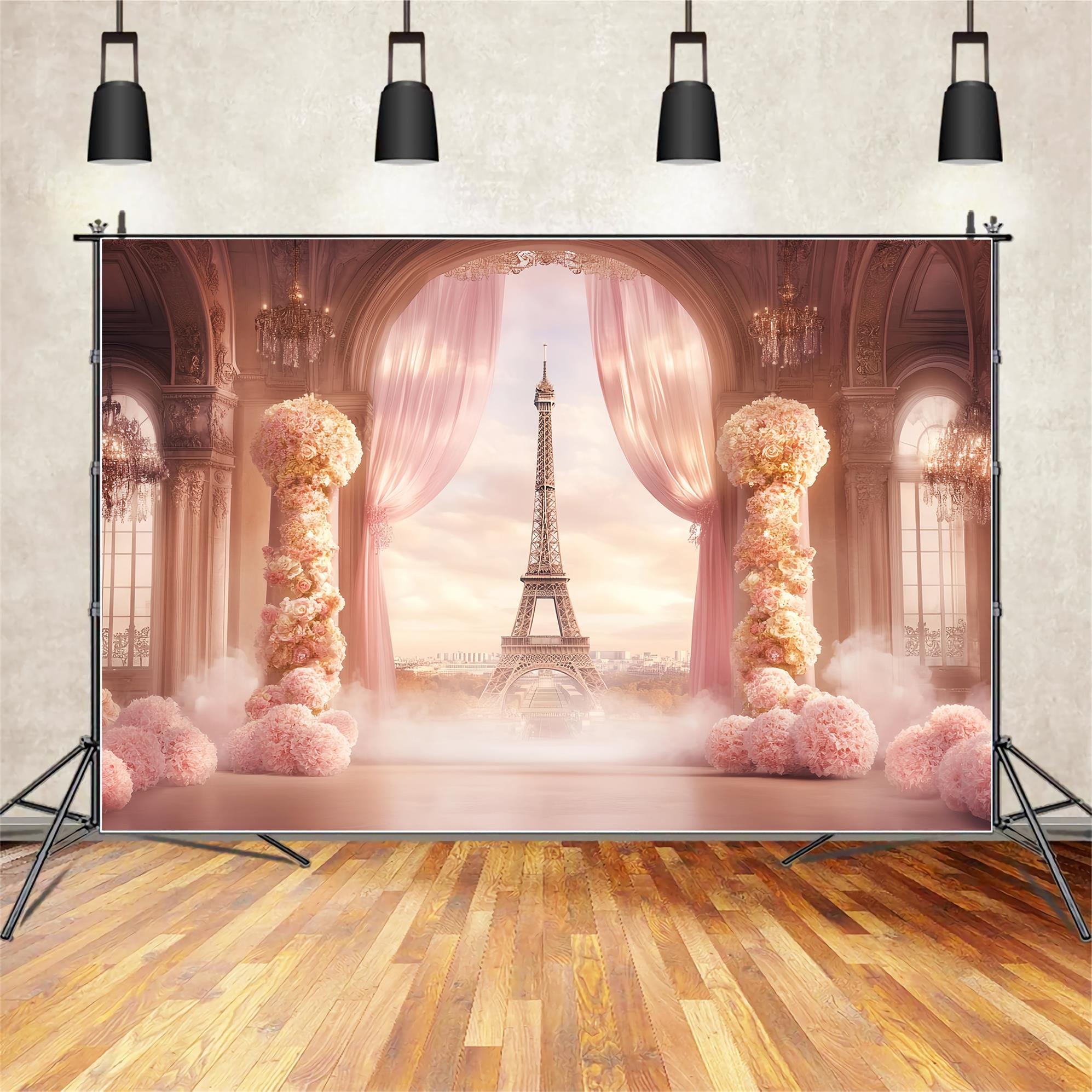 Toile de fond Paris Nuit Salle de Bal Drapés Fleuris Tour Eiffel LXX59-64