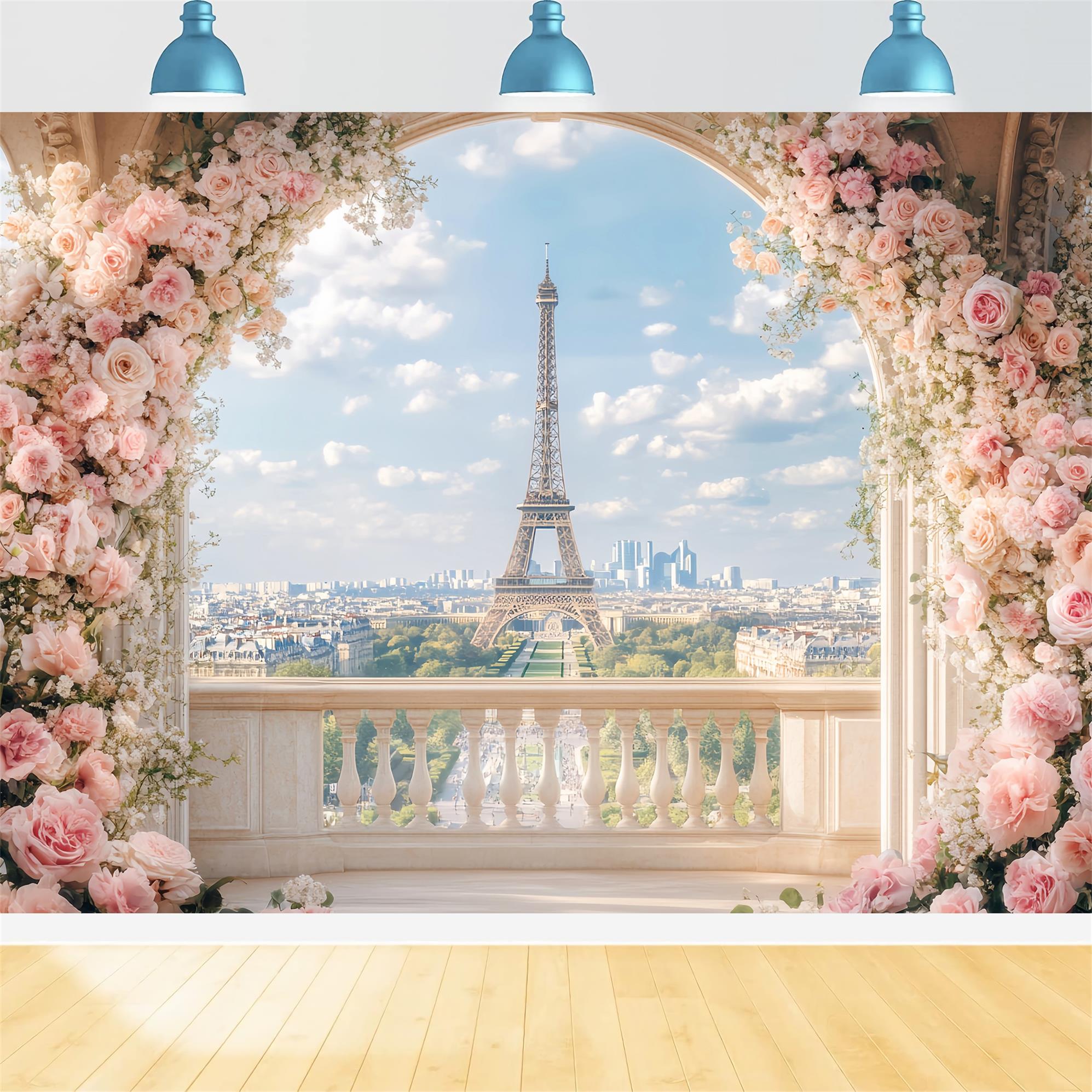 Toile de fond Paris Balcon Floral Romantique Vue Tour Eiffel LXX59-66