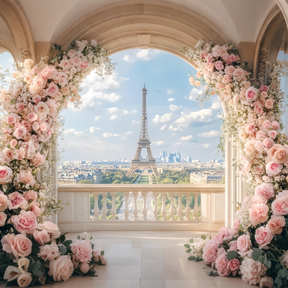 Toile de fond Paris Balcon Floral Romantique Vue Tour Eiffel LXX59-66