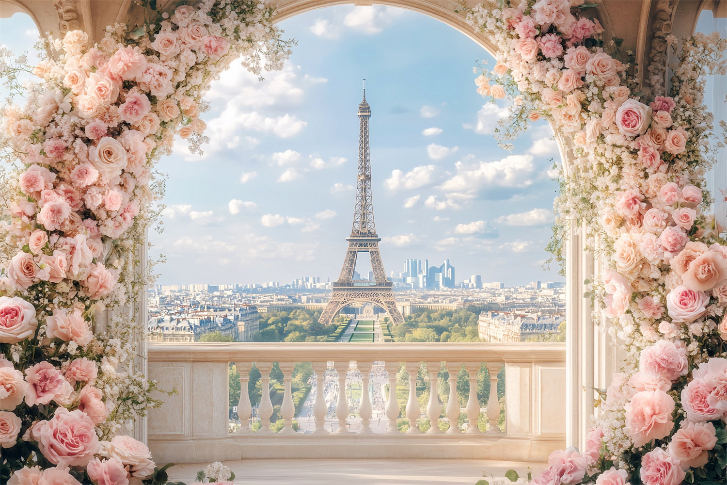 Toile de fond Paris Balcon Floral Romantique Vue Tour Eiffel LXX59-66