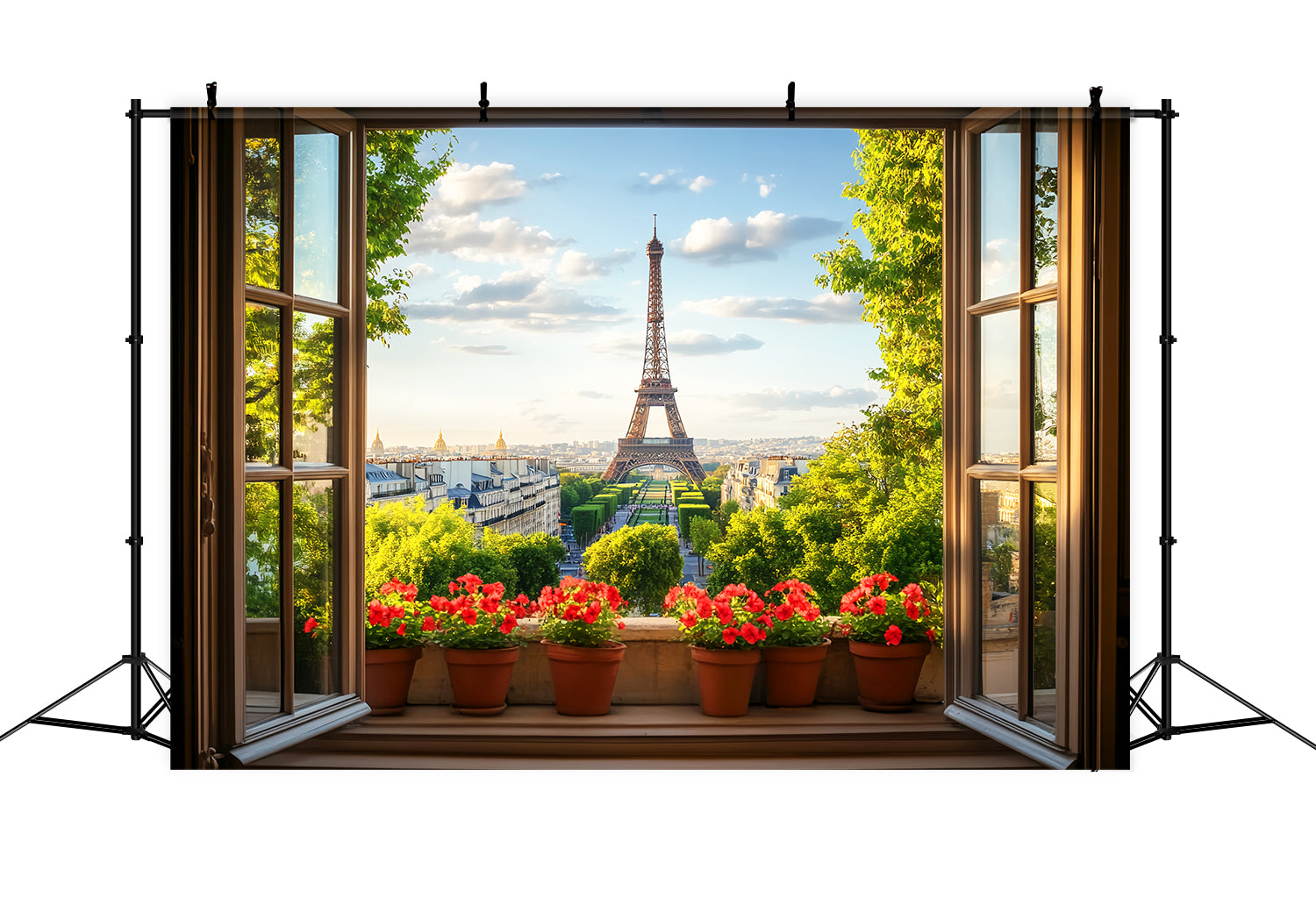 Toile de fond Paris Fenêtre Vue Fleurs Rouges Tour Eiffel Idées LXX59-71