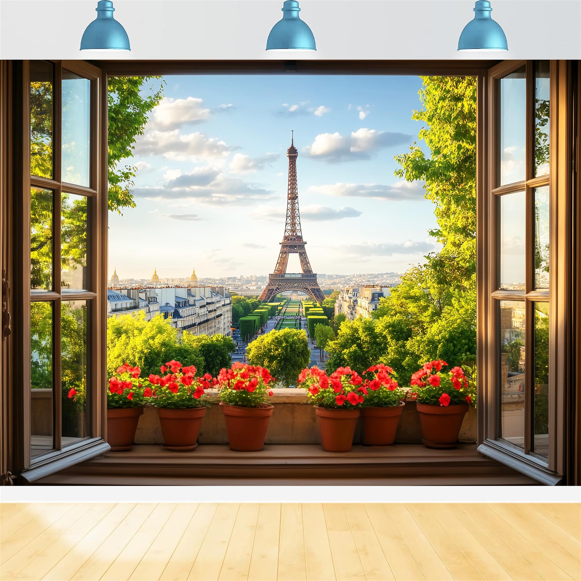 Toile de fond Paris Fenêtre Vue Fleurs Rouges Tour Eiffel Idées LXX59-71