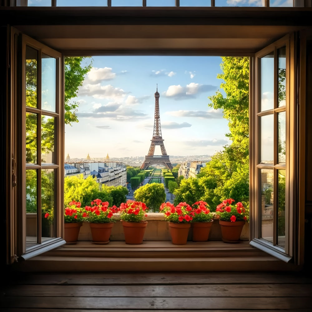 Toile de fond Paris Fenêtre Vue Fleurs Rouges Tour Eiffel Idées LXX59-71
