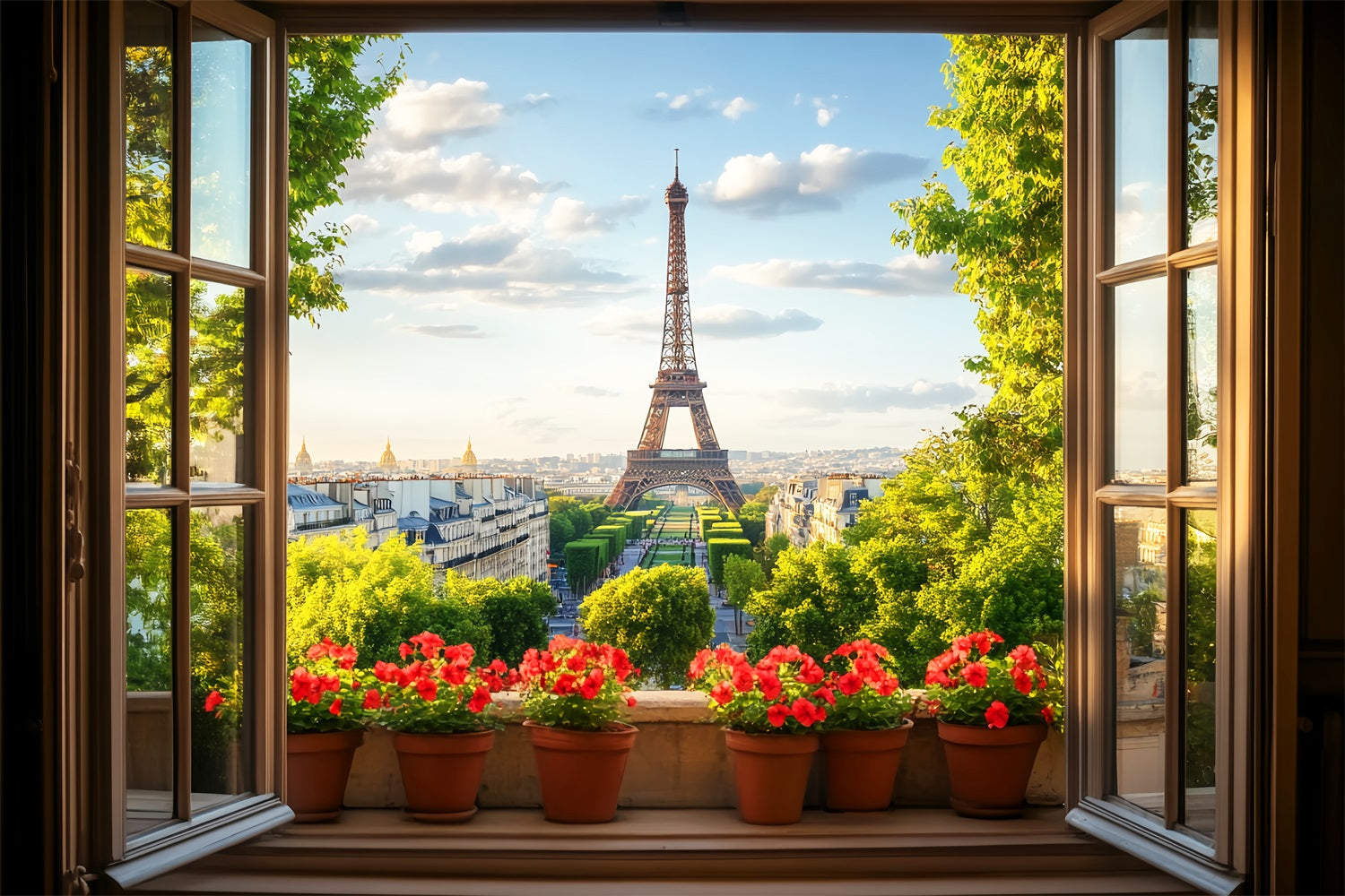 Toile de fond Paris Fenêtre Vue Fleurs Rouges Tour Eiffel Idées LXX59-71