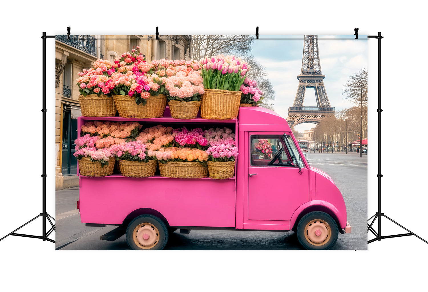 Toile de fond Paris Camion Fleurs Roses Tour Eiffel LXX59-73