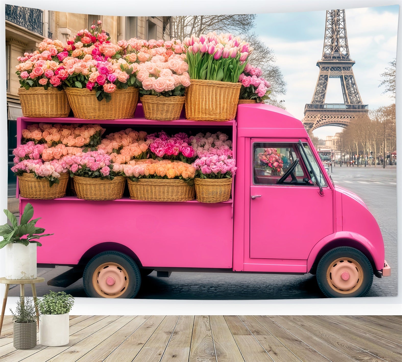 Toile de fond Paris Camion Fleurs Roses Tour Eiffel LXX59-73