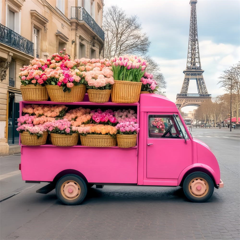 Toile de fond Paris Camion Fleurs Roses Tour Eiffel LXX59-73
