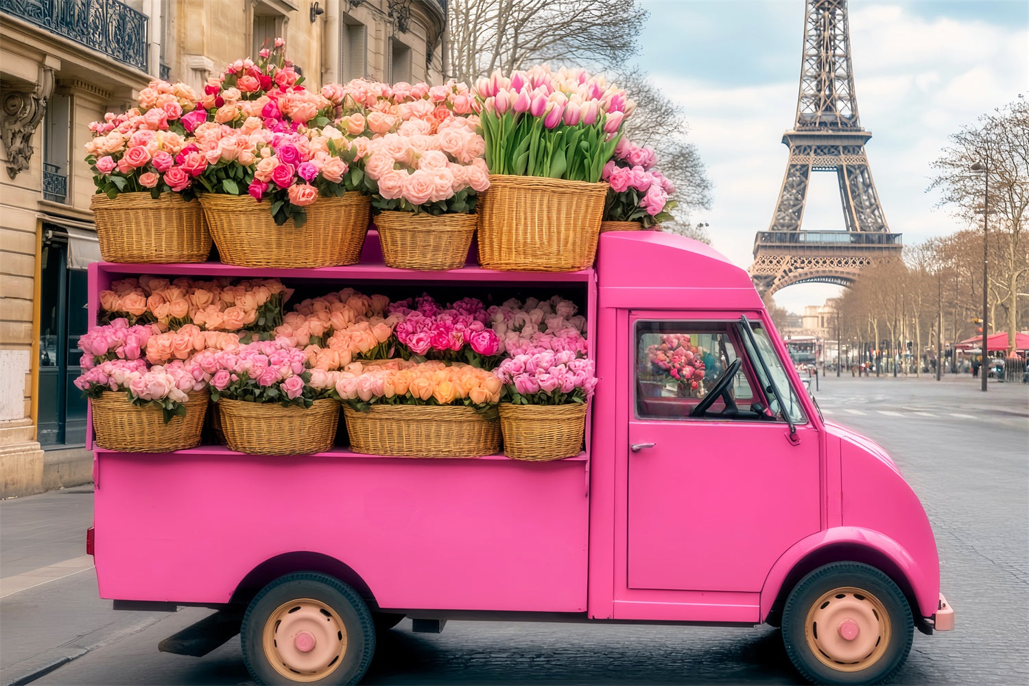 Toile de fond Paris Camion Fleurs Roses Tour Eiffel LXX59-73