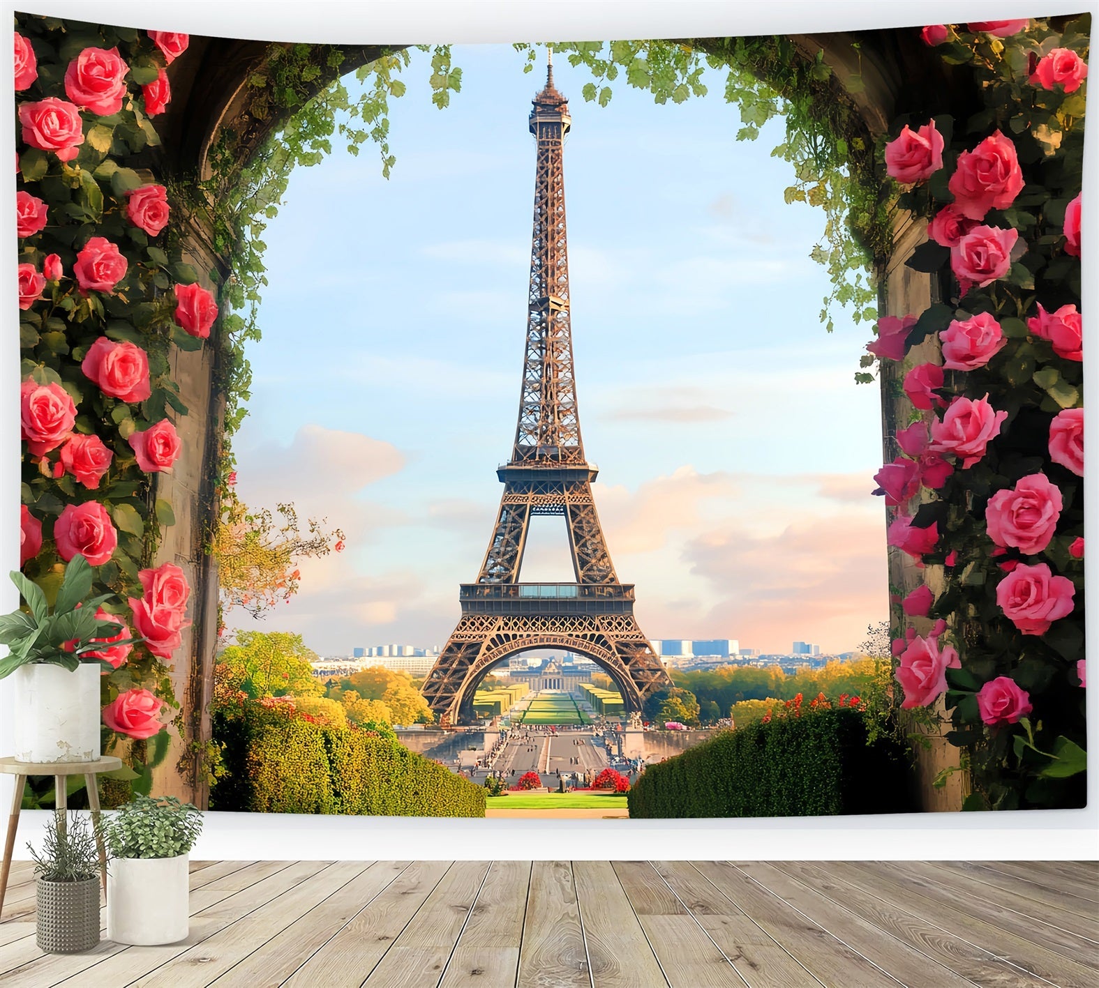 Toile de fond Paris Arche Roses Épanouies Tour Eiffel LXX59-77