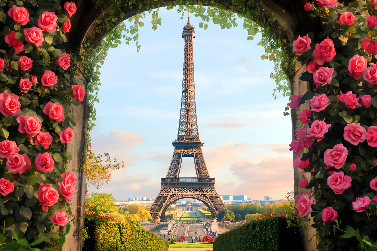 Toile de fond Paris Arche Roses Épanouies Tour Eiffel LXX59-77