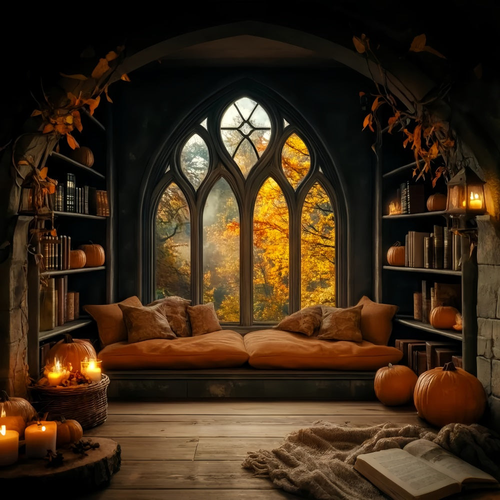 Toile De Fond Halloween Bibliothèque Fenêtre Citrouille Confortable LXX59-80