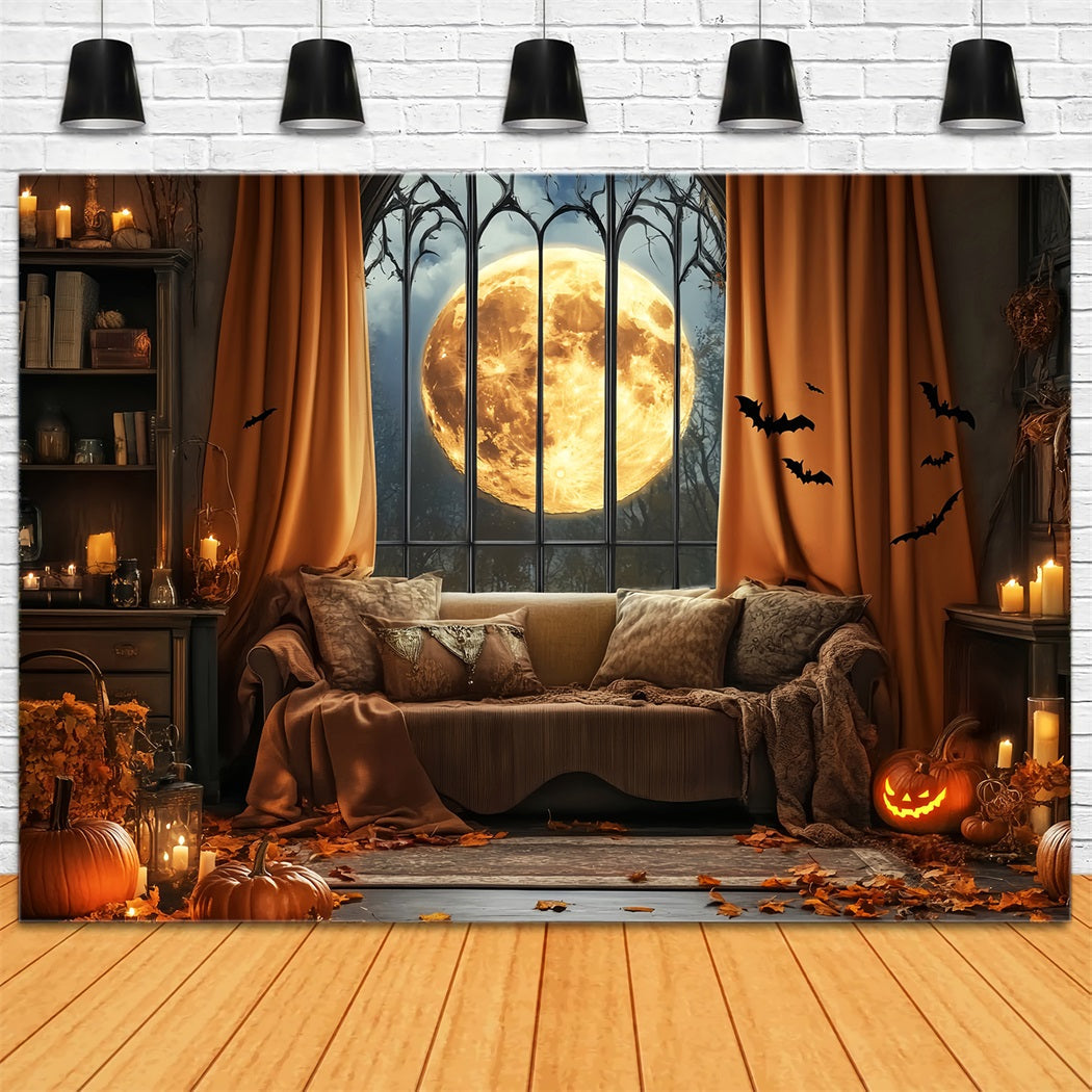 Toile De Fond Halloween Chauve-Souris Pleine Lune Fenêtre Gothique LXX59-82