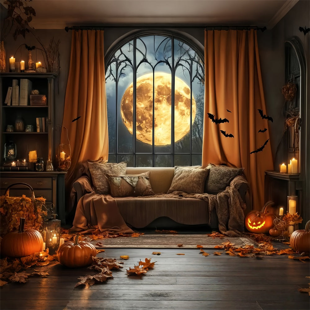 Toile De Fond Halloween Chauve-Souris Pleine Lune Fenêtre Gothique LXX59-82