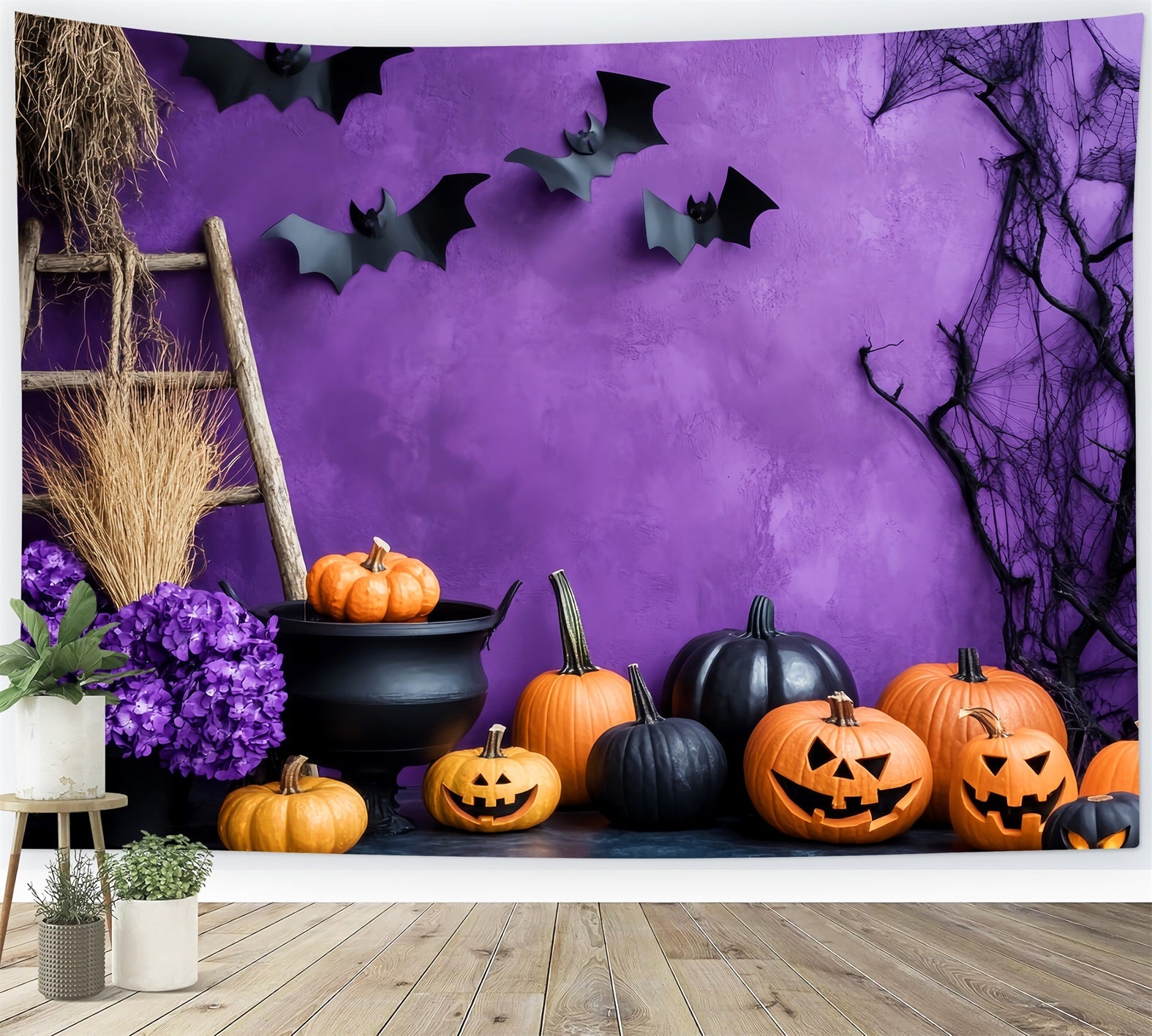 Toile De Fond Photo Halloween Mur Violet Citrouille Chaudron LXX59-91
