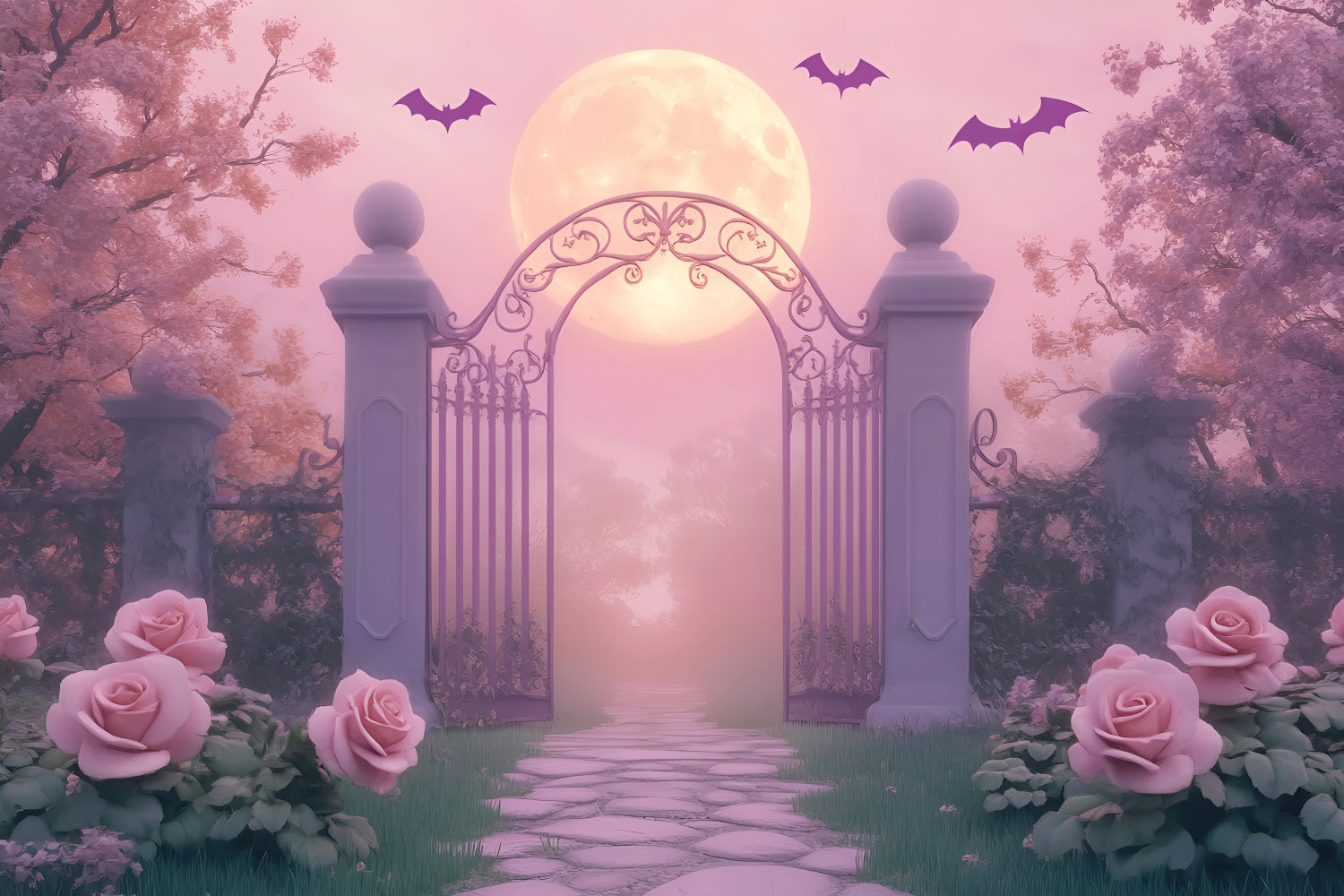 Toile De Fond Photo Halloween Araignée Jardin Clair De Lune Portail Roses LXX59-93