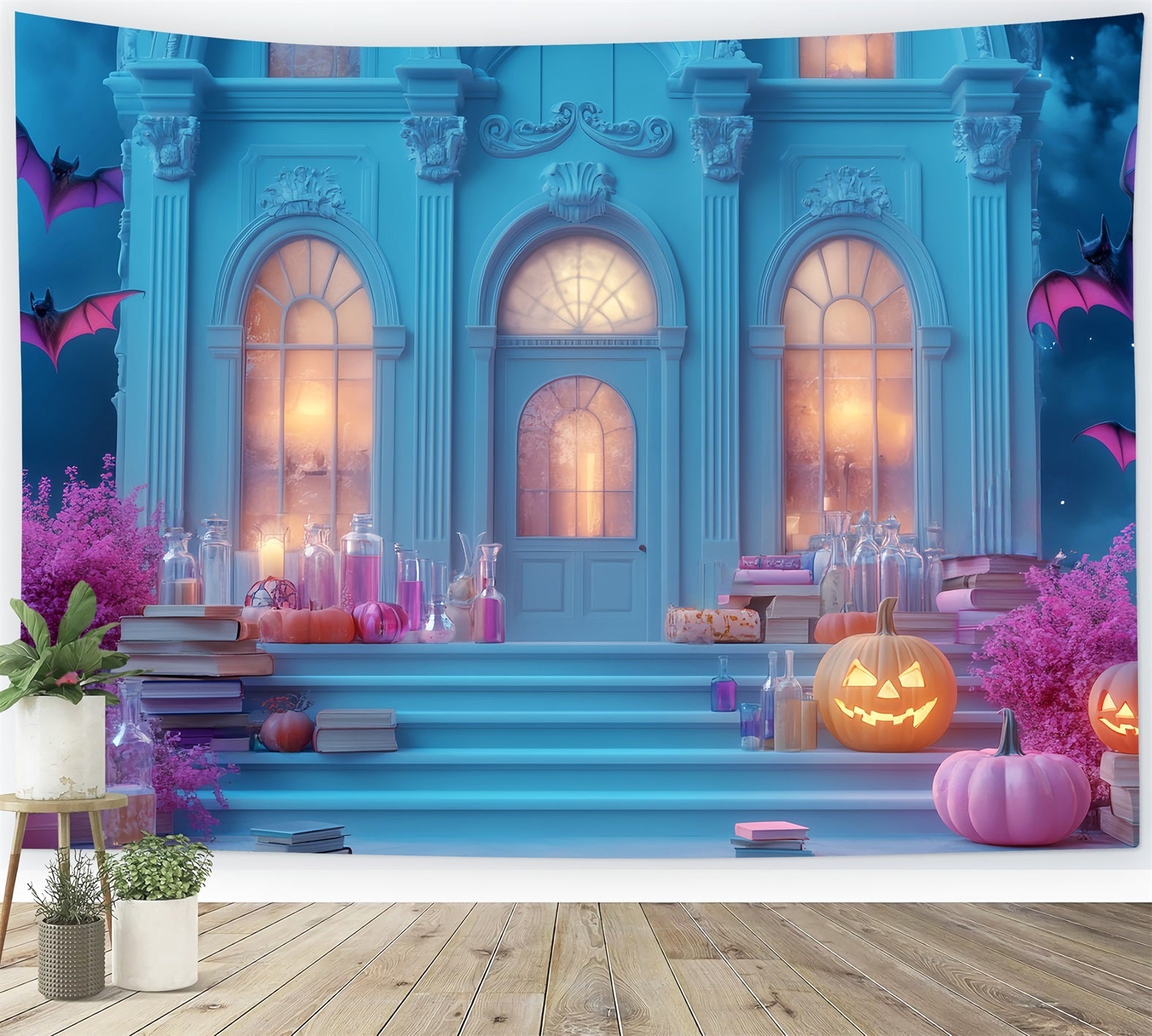 Toile De Fond Halloween Chauve-Souris Manoir Hanté Escaliers Citrouilles LXX59-94