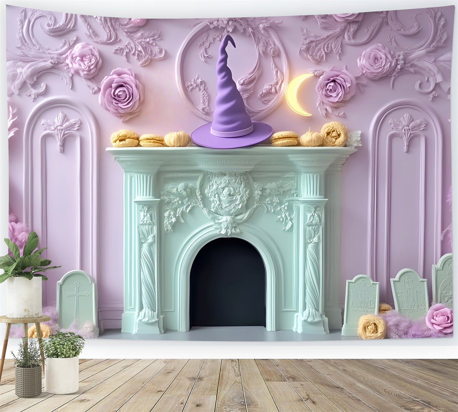 Toile De Fond Halloween Chauve-Souris Pastel Chapeau De Sorcière Cheminée LXX59-95