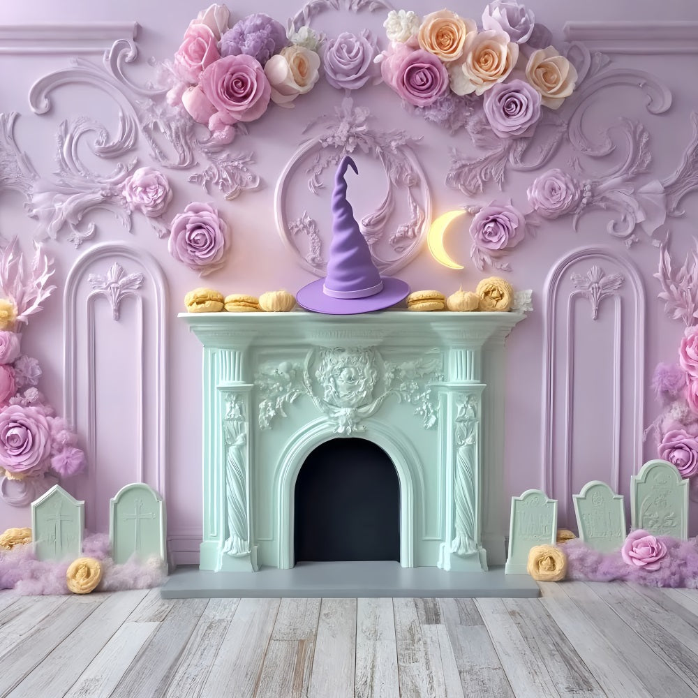 Toile De Fond Halloween Chauve-Souris Pastel Chapeau De Sorcière Cheminée LXX59-95