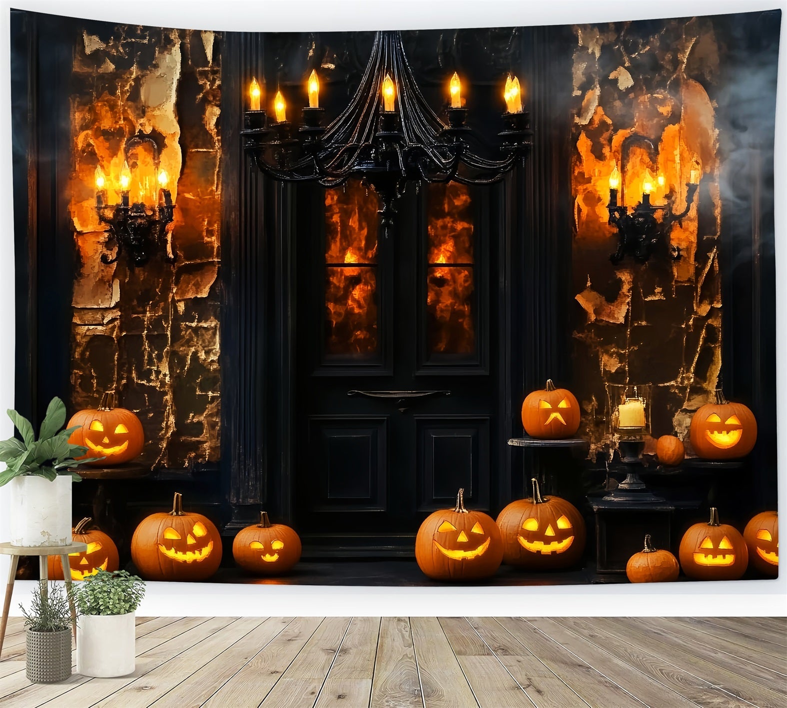 Toile De Fond Halloween Araignée Manoir Hanté Porte Citrouilles Lanternes LXX59-97