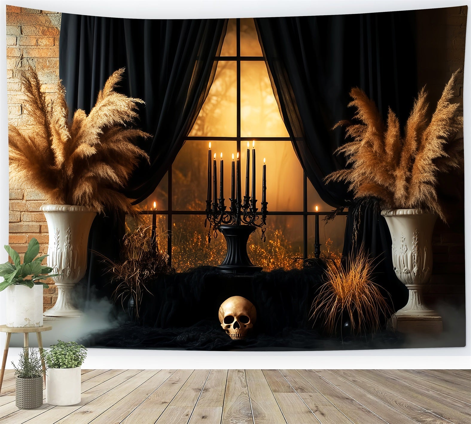 Fond Studio Halloween Lugubre Rideau Noir Crâne Fenêtre Bougies LXX59-99