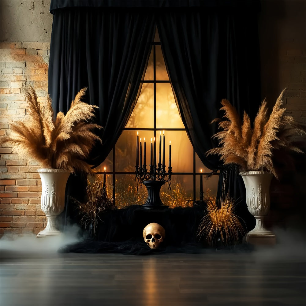 Fond Studio Halloween Lugubre Rideau Noir Crâne Fenêtre Bougies LXX59-99