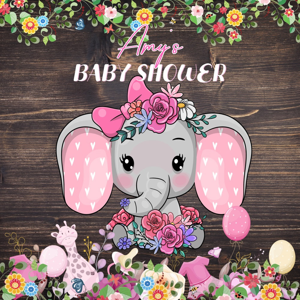 Toile de fond Baby Shower Élégant Rustique Éléphant Floral Personnalisée LXX6-12