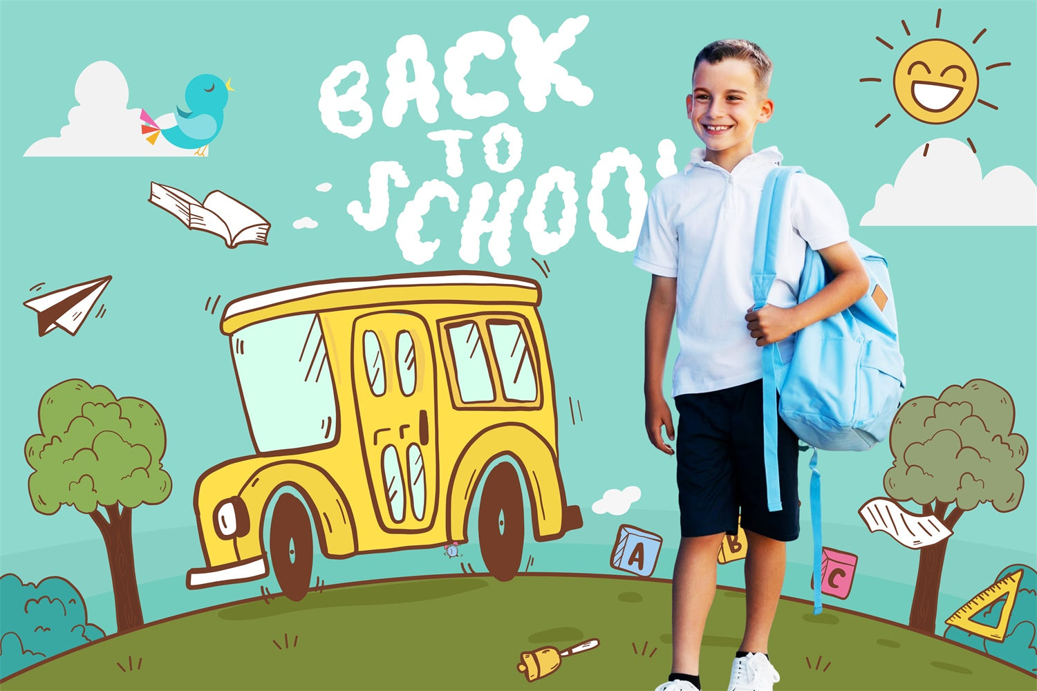 Toile de fond Retour à l’École Personnalisable Trajet Heureux en Bus LXX6-37