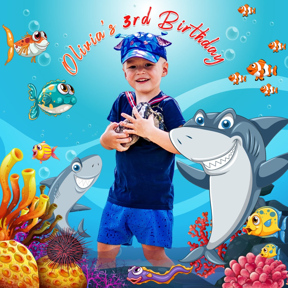 Toile de fond Photo Anniversaire Personnalisable Fête Requin Océan LXX6-65